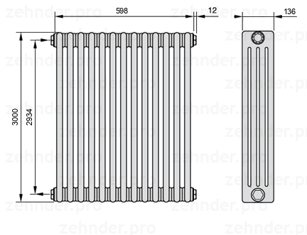 Схема (чертеж) Радиатор Zehnder Charleston 4300/13 №1270 Белый глянцевый RAL 9016